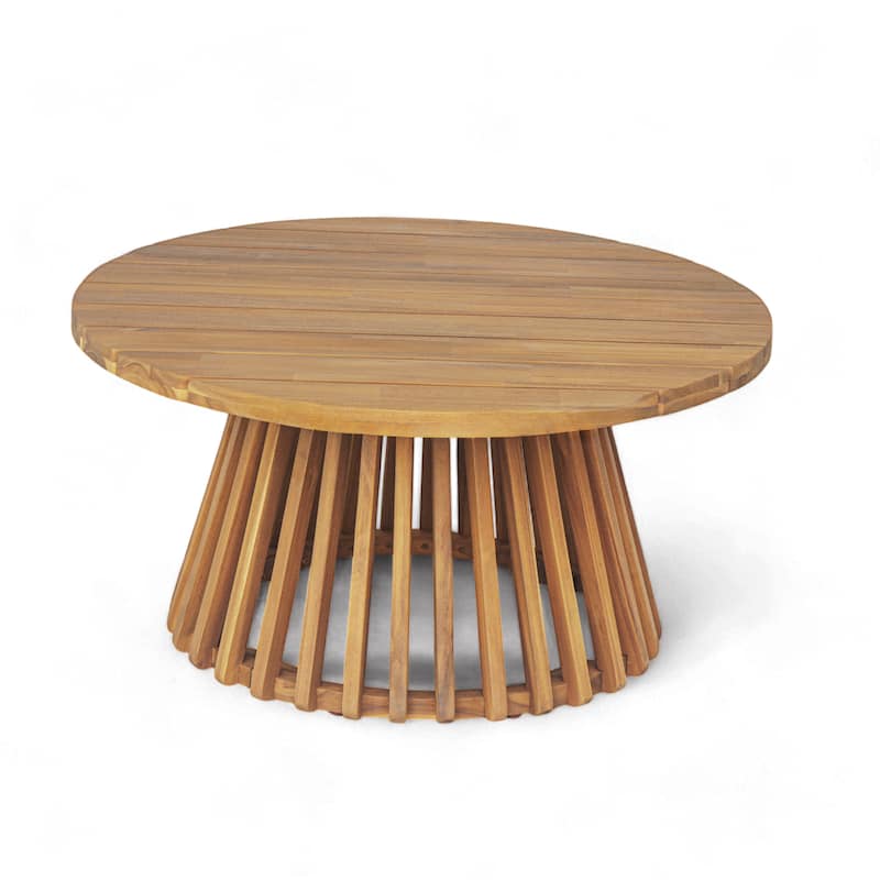 Anmytek Round Wooden Patio Table Slatted Top Outdoor Indoor Coffee Table All Weather Modern