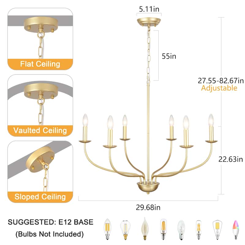 6-Light Modern Farmhouse Chandelier, Metal Candle Style Chandelier for Dining Room Living Room Bedroom Kitchen