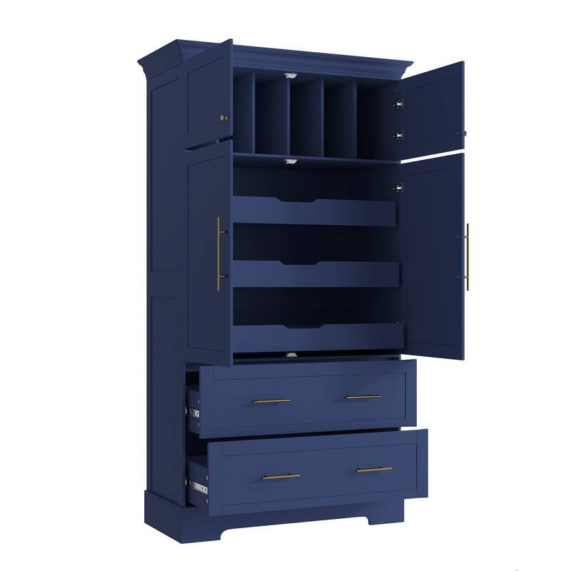 Farmhouse 72.6" Tall Kitchen Pantry with 4 Doors Storage Cabinet , 2 Drawers and Pull-out Trays for Cake Pan Storage Organizer