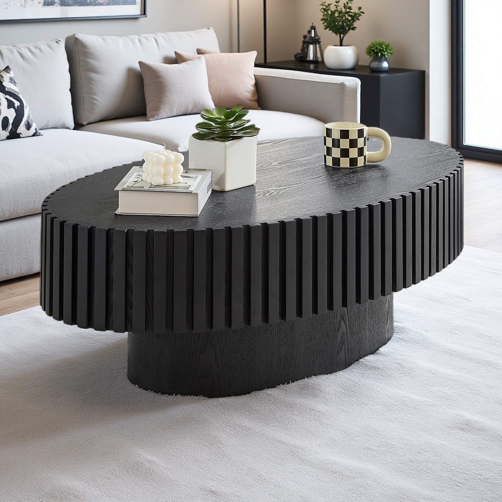 43.7" Oval Ash MDF Coffee Table with Drum Pedestal