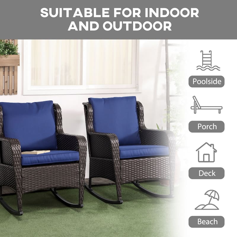 Outsunny Outdoor Wicker Rocking Chair Set of 2 with Wide Seat, Thick Cushions, Rattan Rockers with Steel Frame, High Weight