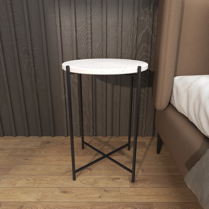 Terrazzo Stone Accent Table with Black Metal X-Stand - White - Roche River Decor