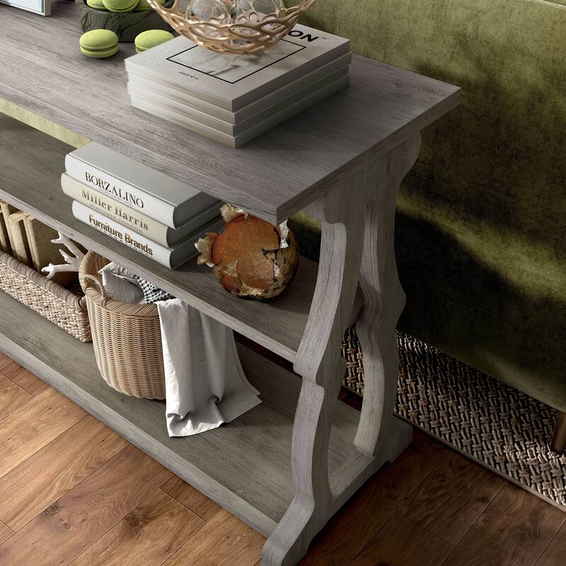 DH BASIC Farmhouse Vintage Grey Oak 47-Inch 2-Open Shelf Sofa Table by Denhour