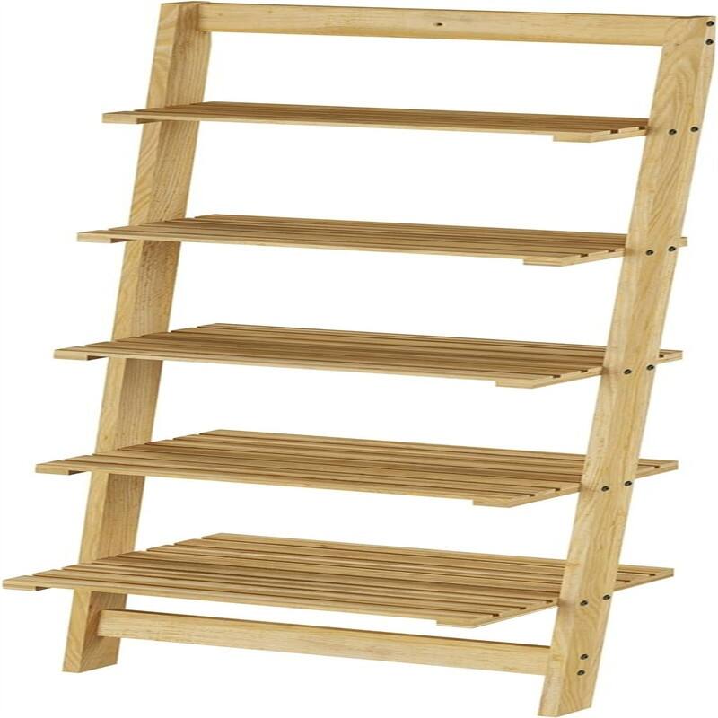 5 Tier Bookshelf Leaning Ladder Shelf Decorative Book Shelves for Bedroom - 11.5"D x 16.25"W x 50"H - Pickled Oak