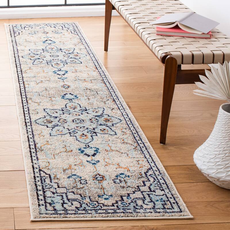 SAFAVIEH Madison Diederike Boho Medallion Distressed Rug - 2'2" x 14' Runner - Ivory/Light Blue