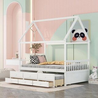Maximized space,Full size Wooden House Bed with Trundle and 3 Storage Drawers，
