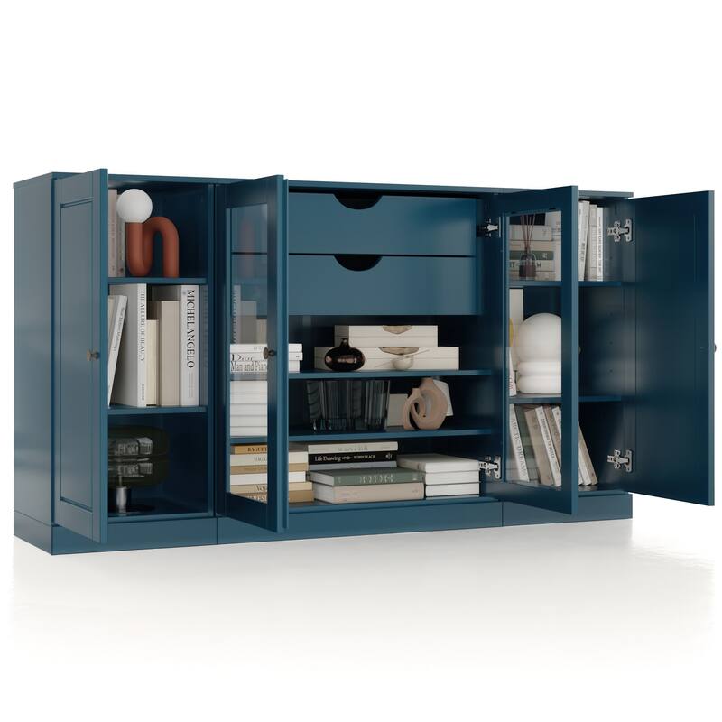 Palace Imports 100% Solid Wood 65" Sideboard with Solid, Clear Glass Doors, 2-Drawers and Adjustable Shelves