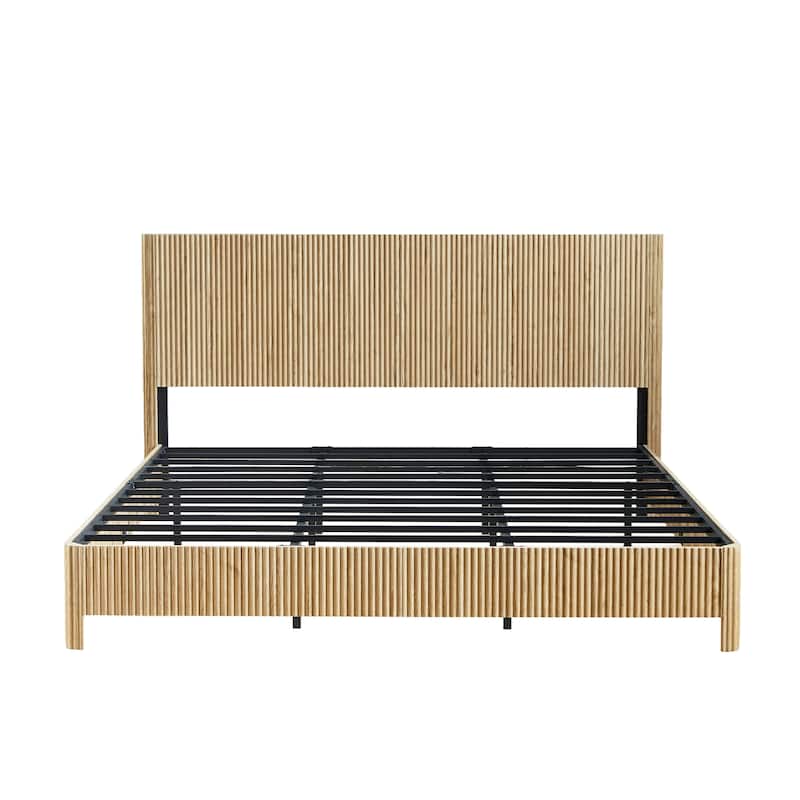 Low Profile Platform Bed, Wooden Corrugated Curved Lines Headboard Wingback Bed, Metal Slat Support Bed Frame