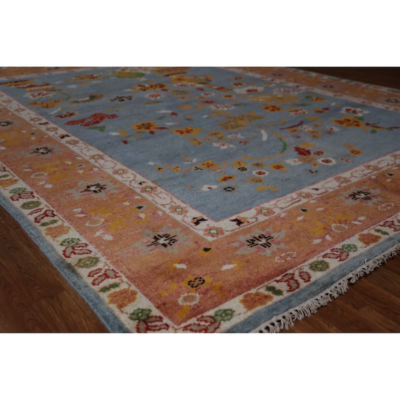 Hand Knotted Oriental 100% Wool Carpet Traditional Floral Navy Blue & Blues Art Deco Area Rug - 9' 9'' X 7' 10''