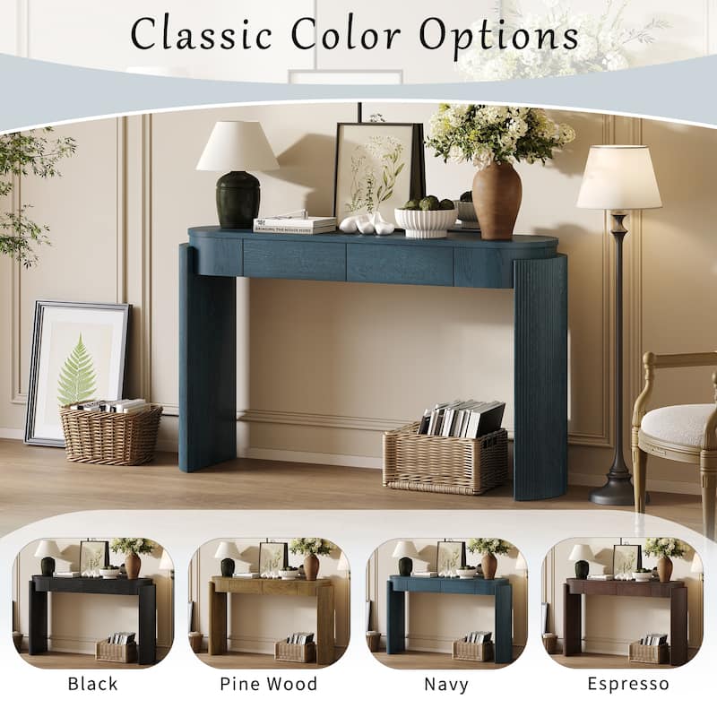 Elegant Entryway Console Table – Natural Wood Grain Finish with Fluted Detailing, Oval Top, and Two Storage Drawers‌