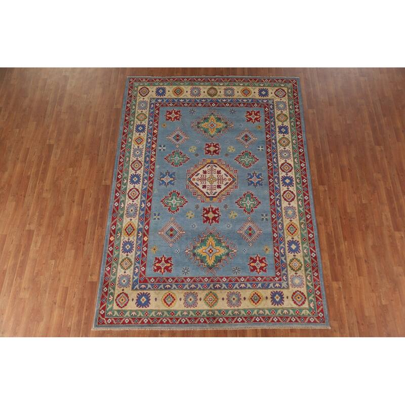 Hand Knotted Oriental 100% Wool Carpet Traditional Geometric Navy Blue & Blues Kazak Area Rug - 9' 6'' X 6' 8''