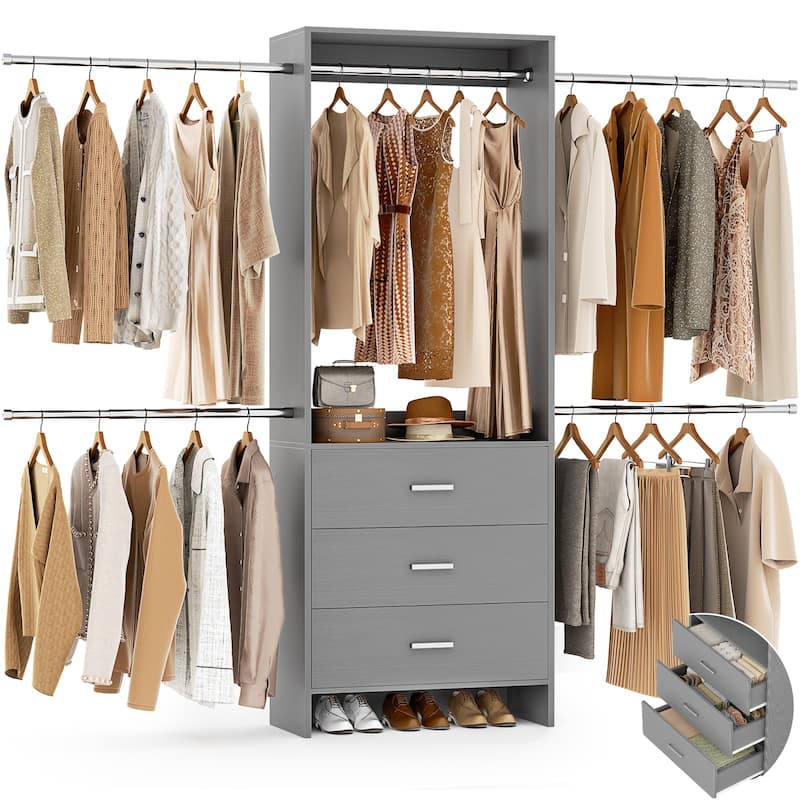 Cimly 118'' Closet Organizer with 3 Wooden Drawers, Adjustable Closet System with 5 Hanging Rods