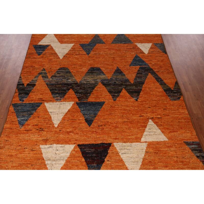 Geometric Orange Moroccan Oriental Rug Hand-Knotted Wool Carpet - 6'10" x 9'10"