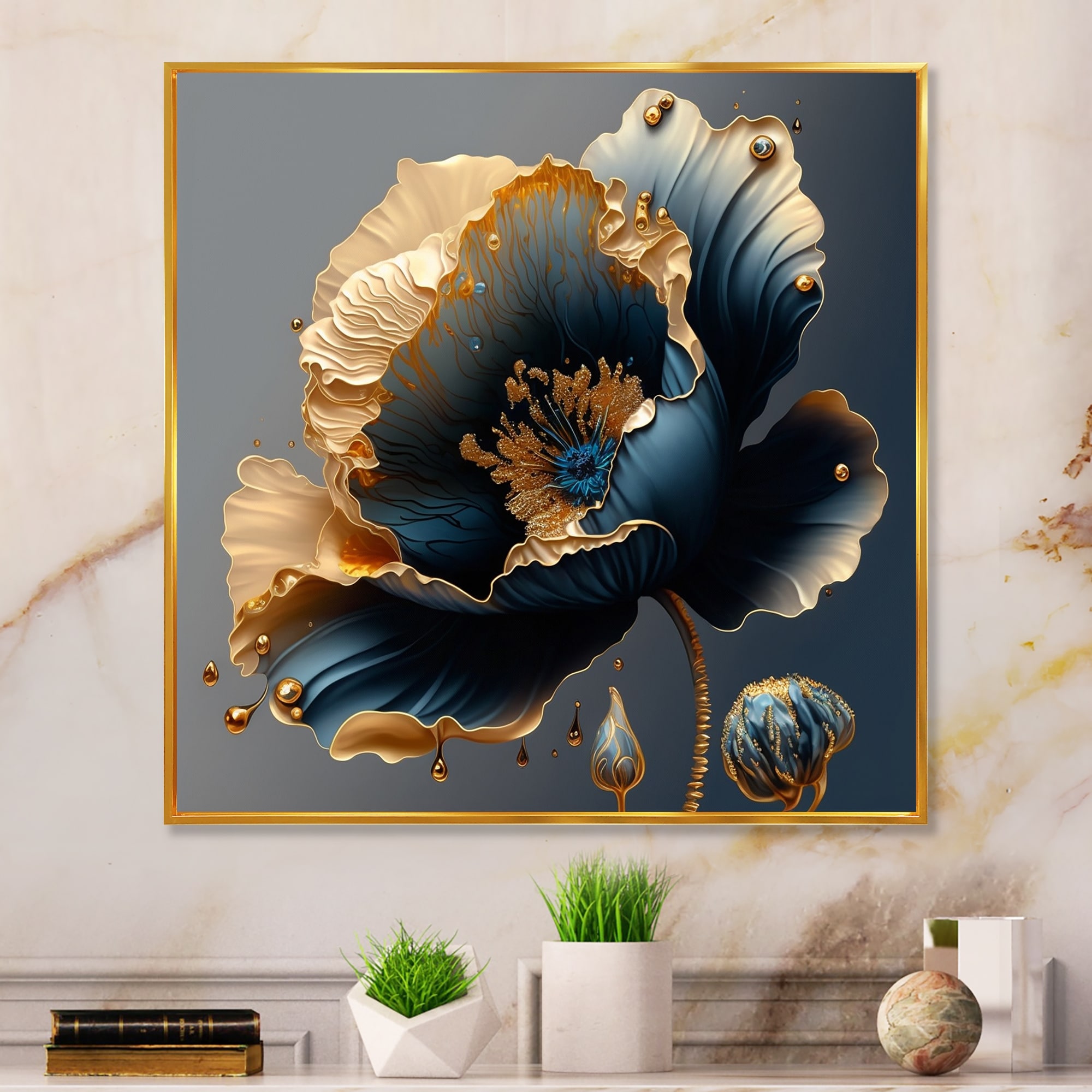 Designart "Deep Blue And Gold Single Flower IV" Floral & Botanical Framed Canvas Art Print