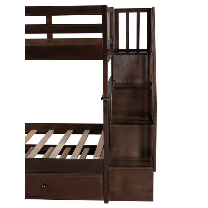 Twin-Over-Twin Bunk Bed with Trundle, Staircase Design with Storage Shelves, Solid Pine Frame, No Box Spring Needed