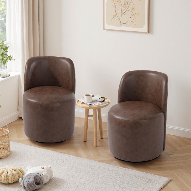 Modern Linen Upholstery Dining Chair Barrel Chair - FAUX LEATHER - PU BROWN 2SET