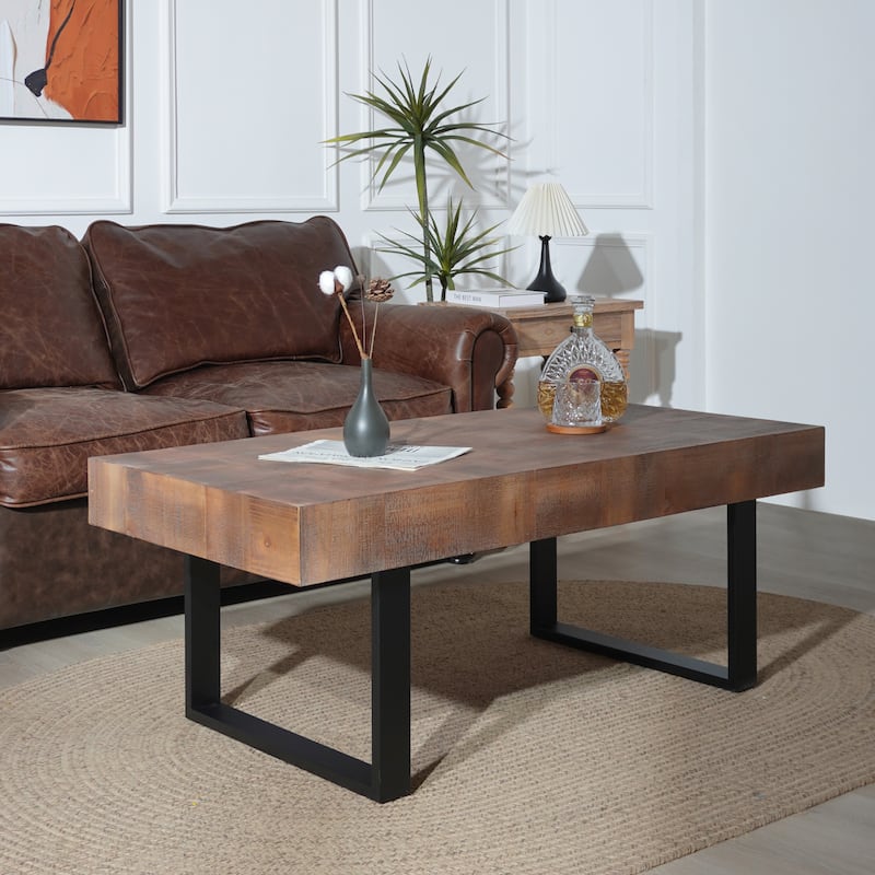 Rustic Industrial Handcrafted Coffee Table with Parquet-Style Surface and Black Metal Legs, Natural Wood Grain Finish