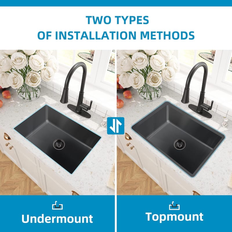 CB HOME 32" Black Undermount Kitchen Sink, Drop in Single Bowl Stainless Steel Sink - 32''x19''x10''