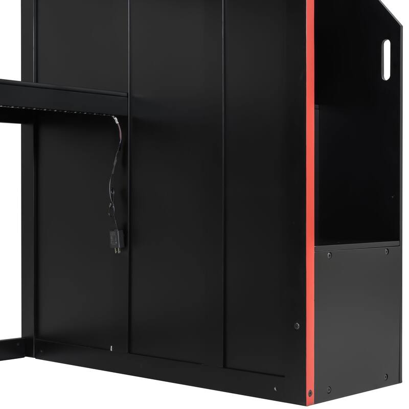 Black Gaming Loft Bed with Wardrobe, Desk, LED Lights, Cabinets and Storage Stairs