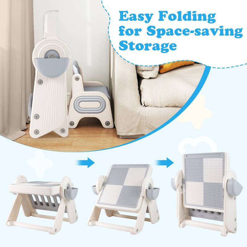 Kids Activity Table and Chair Set with Adjustable Easel Double-Sided Magnetic Whiteboard and Storage for Toddlers 18 Months Plus