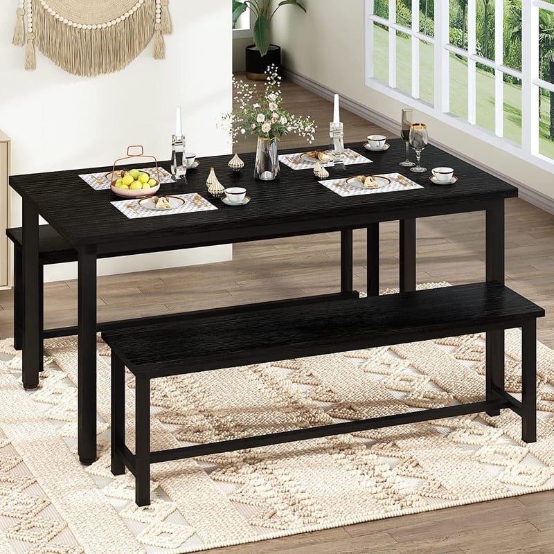 Industrial 3-Piece Dining Table Set, Retro Wood Kitchen Table Set with 2 Benches for Home Kitchen, Dining Room, Restaurant - Black