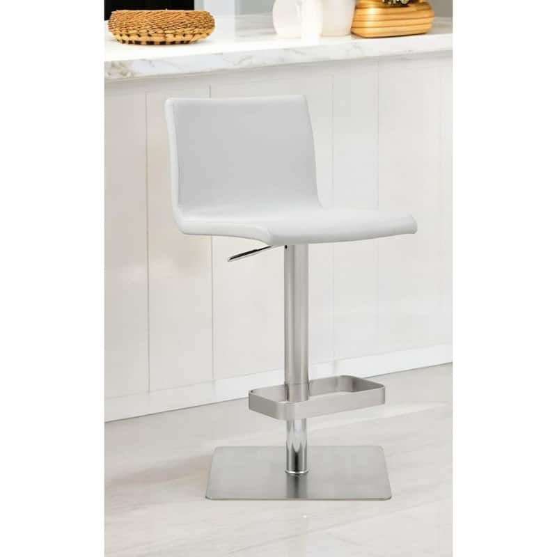 Stylish 26" Counter Height Bar Stool with White Faux Leather Adjustable Seat and Silver Legs - 16.5"W x 20"D x 32-42H"