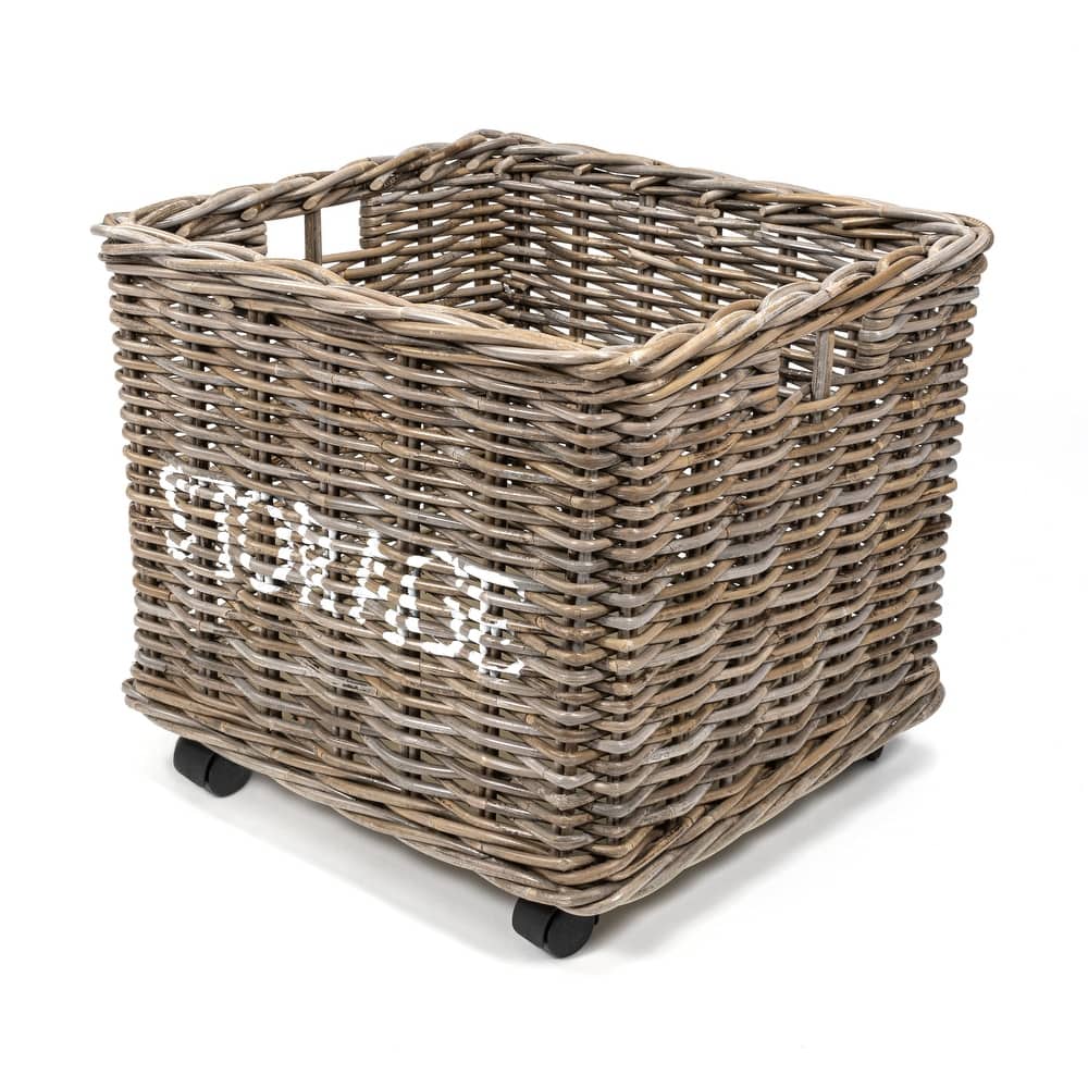 happimess Yael Coastal Hand-Woven "STORAGE" Rattan Basket with Wheels and Handles, Kubu Gray