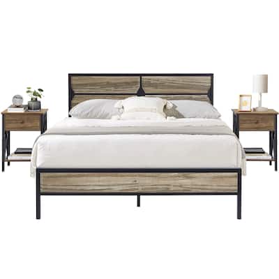 Javlergo 3-Piece Bedroom Sets Wooden Platform Bed Frame with 2 Nightstands, Bedroom Furniture, Slate