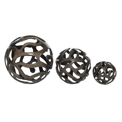 Aluminum Metal Abstract Cutout Orb Decorative Sculpture - Set of 3 Brass or Silver - Roche River Decor