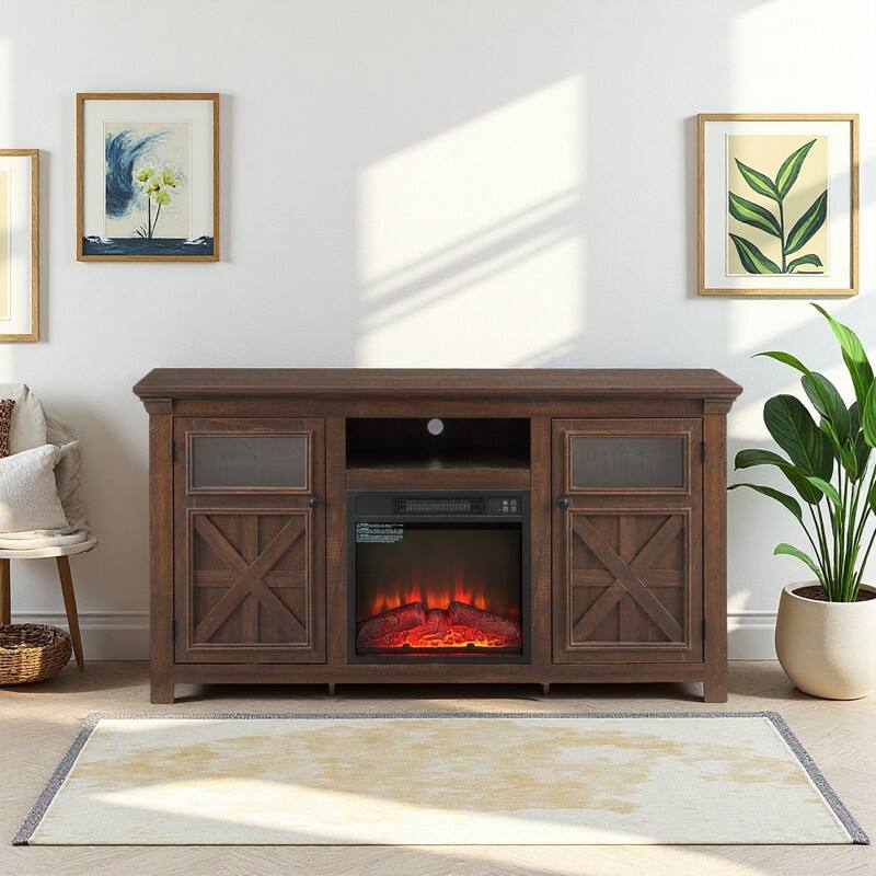 58-60" Fireplace TV Stand for 55-65" TVs w/ 18-23" Insert Farmhouse/Modern/Rustic Barn/Glass Doors Espresso/Grey/Brown/White Oak