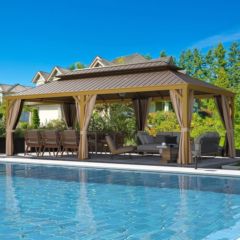 Outdoor Hardtop Gazebo, Wooden Finish Coated Aluminum Frame w Galvanized Steel Double Roof with Premium Curtains and Netting