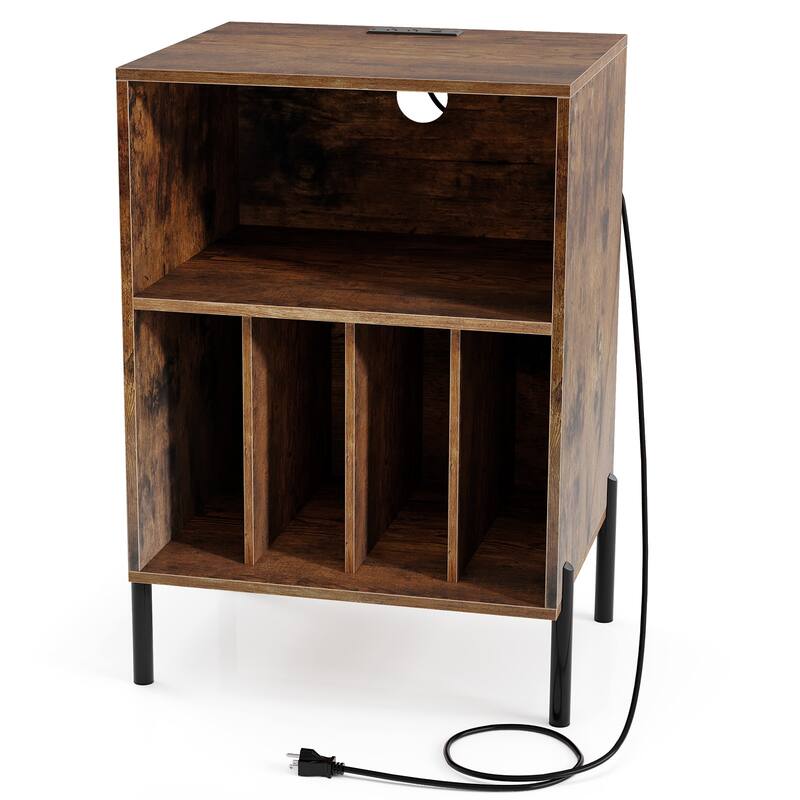 Gymax Record Player Stand w/Charging Station 5 Storage Compartments