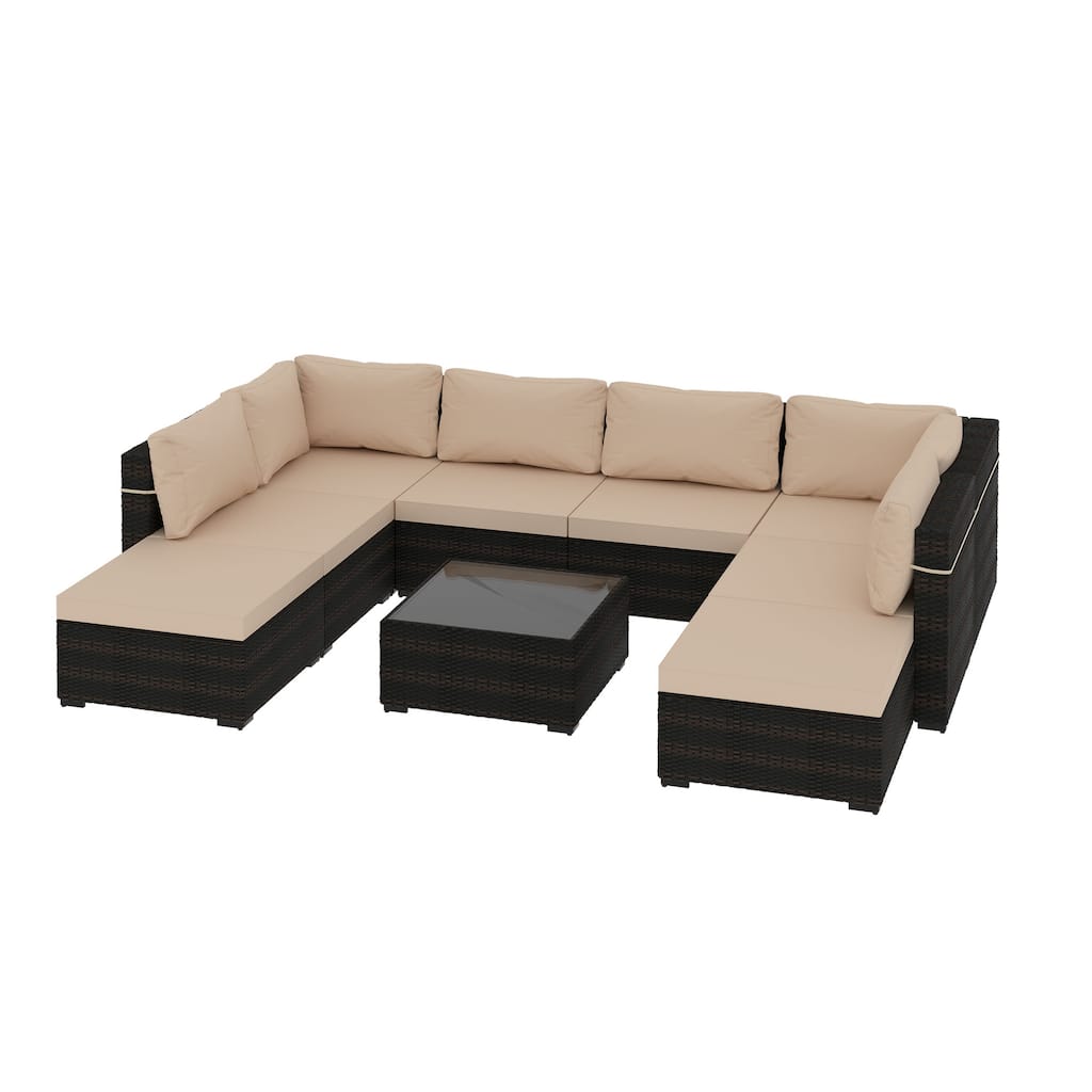 UPHA 9 Pieces Patio Furniture Set Outdoor Sectional Sofa Set, Rattan Wicker Conversation Set with Coffee Table and Ottomans