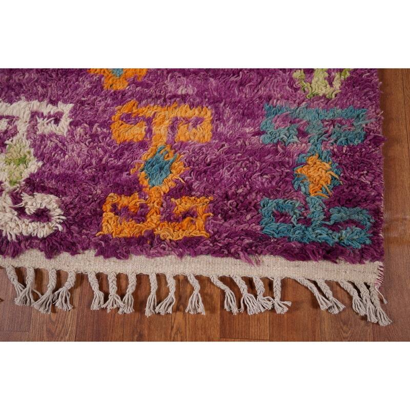 Purple Geometric Plush Moroccan Area Rug Hand-Knotted Wool Carpet - 6'0" x 9'7"