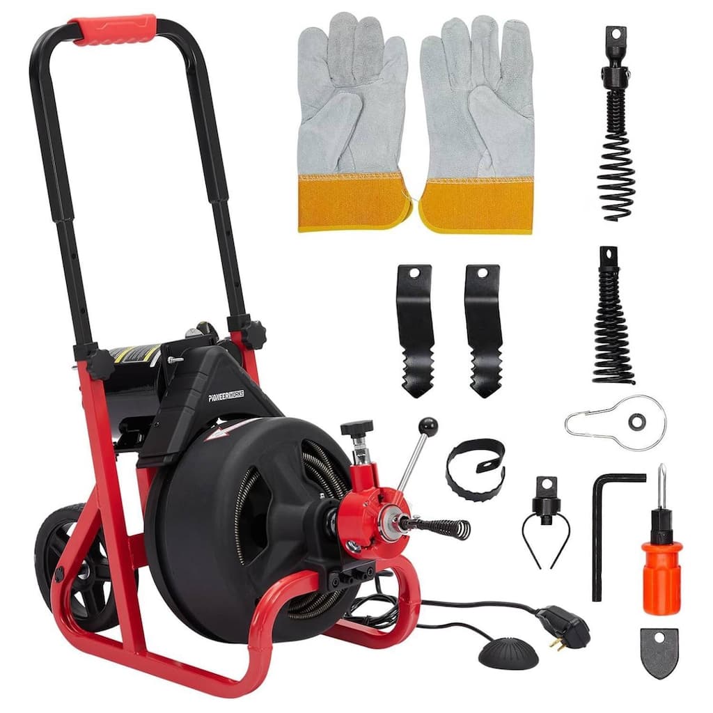 75 ft x 1/2 in Drain Cleaner Machine with 6 Cutters & Gloves for 2-4 Inch Pipes