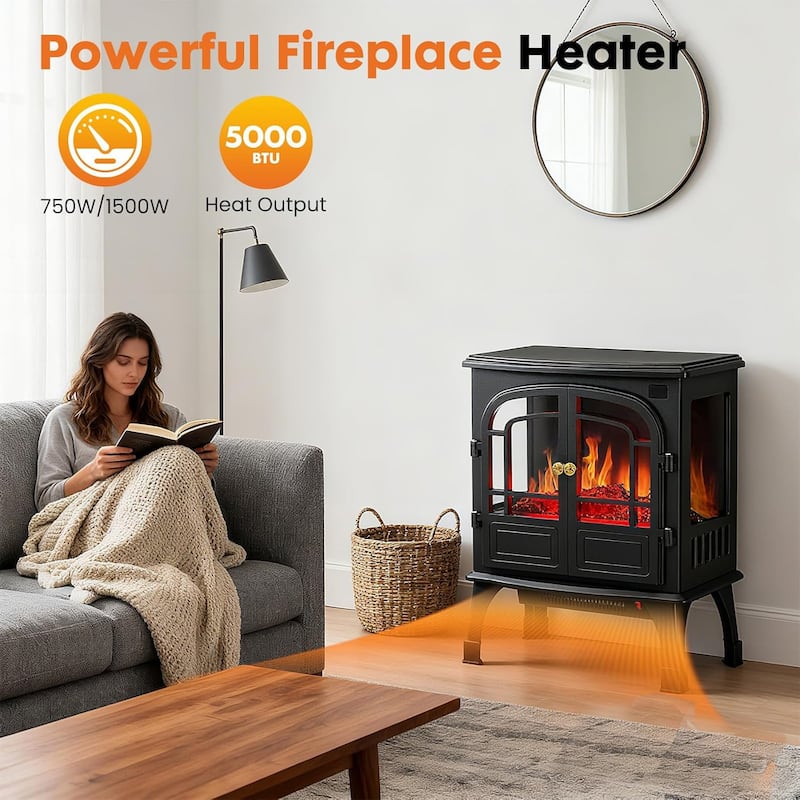 26Inch Electric Fireplace Stove , Free-Standing Infrared Fireplace Stove, Controllable 3D Flame, 1500w, 5000BTU - double door