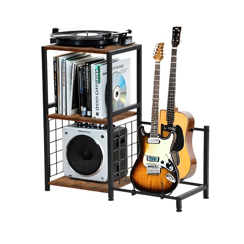 Homy Casa Record Player Stand with Media Shelves & Guitar Rack