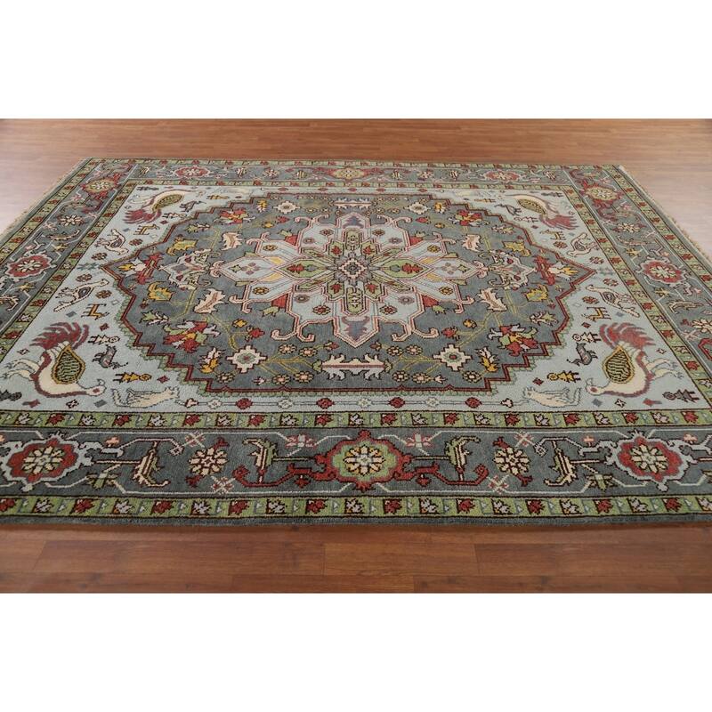 Animals Design Heriz Serapi Indian Area Rug Hand-Knotted Wool Carpet - 7'11" x 9'11"