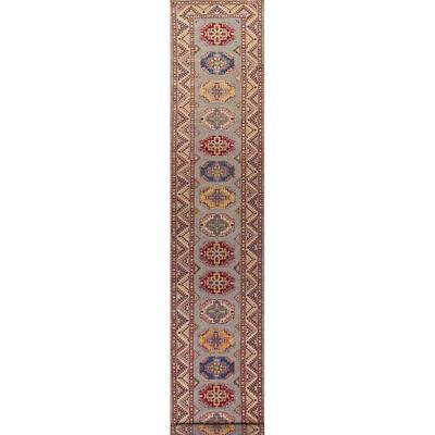 Geometric Kazak Runner Rug Handmade Wool Carpet - 2'7" x 19'4"