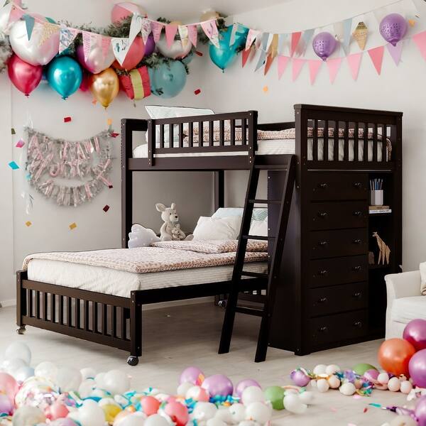 slide 2 of 14, Modern Twin Over Full Bunk Bed With Six Drawers And Flexible Shelves With Wheels