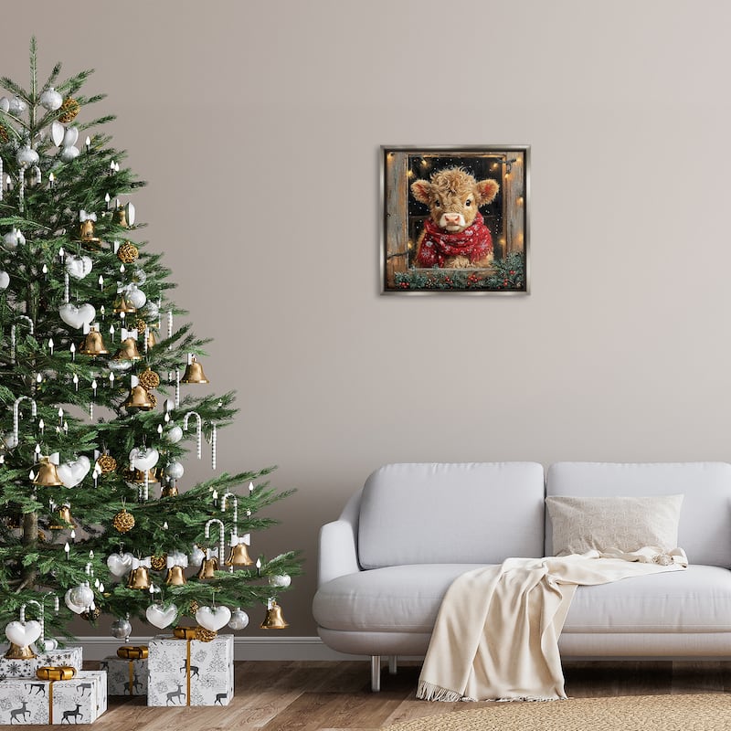 Stupell Calf with Holly & Lights Garland Framed Floater Canvas Wall Art Design By Riley B