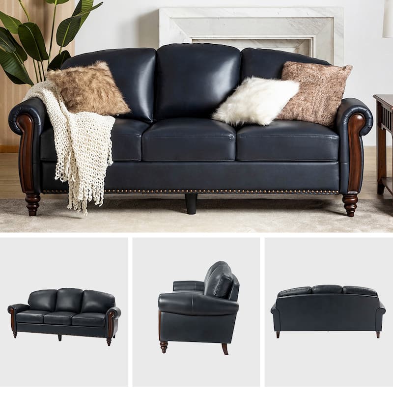 Eduard 84" Traditional Genuine Leather Sofa with Carved Wood Legs by HULALA HOME