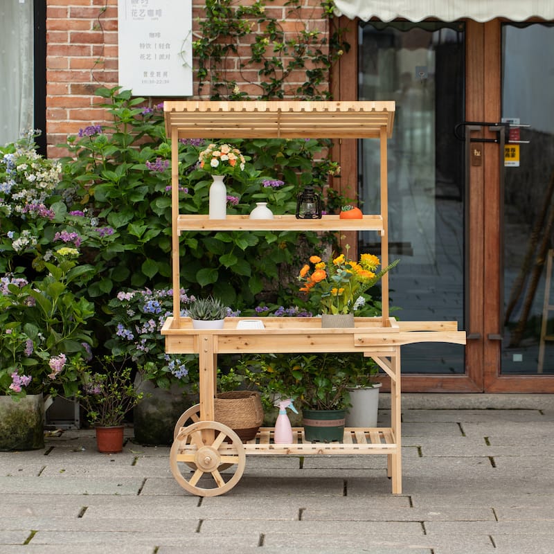 2 Wheeled Wood Wagon with Shelves for Plants and More