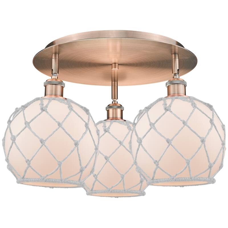Innovations Lighting 516-3C-12-20 Farmhouse Rope Semi-Flush Farmhouse - Antique Copper / White Glass with White Rope