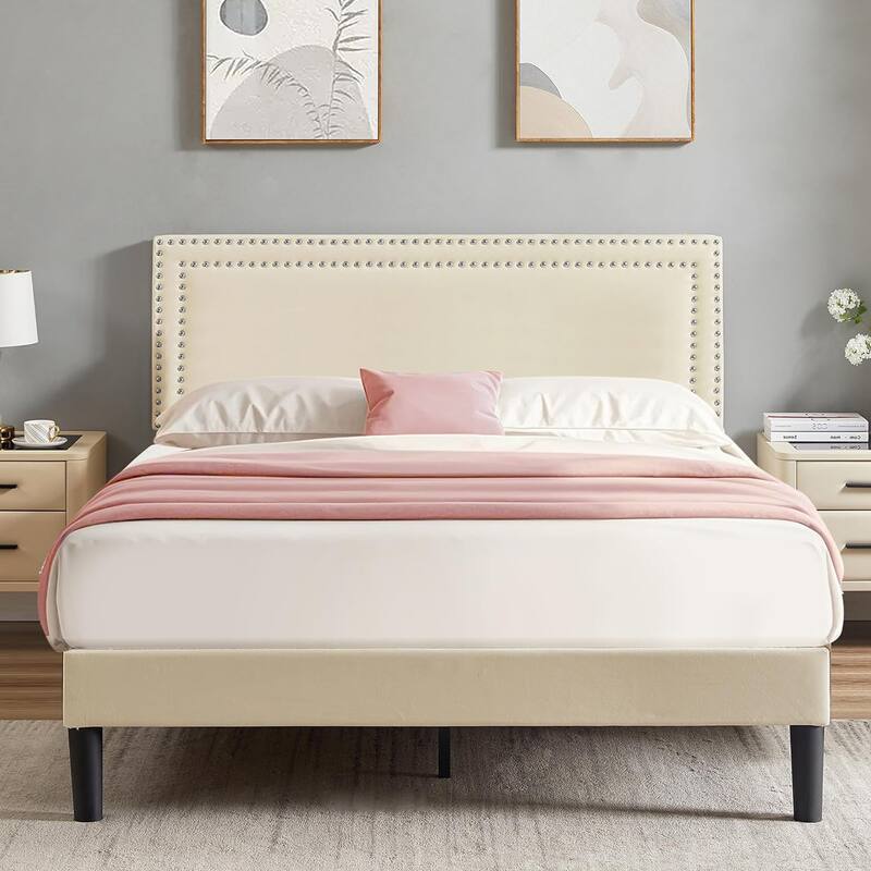 VECELO Upholstered Bed Frames with Height Adjustable Headboard - Beige - Queen