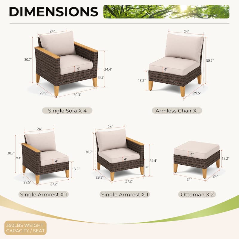 9-Piece Outdoor Wicker Sectional Sofa Patio Furniture Luxury Conversation Set, Beige Cushion