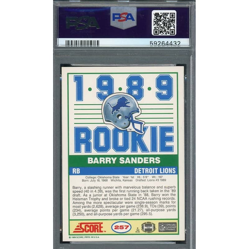 Barry Sanders 1989 Score Football Rookie Card RC #257 Graded PSA 8 - 8'6" x 11'6"