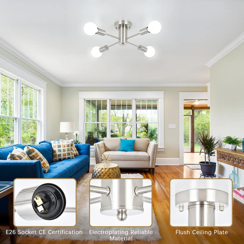 4-Light Industrial Semi Flush Mount Ceiling Light for Kitchen Dining Room Bedroom Study Living Room - N/A