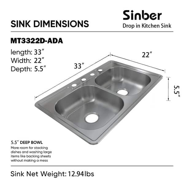 dimension image slide 5 of 8, Sinber Drop in Double Bowl 304 Stainless Steel Kitchen Sink