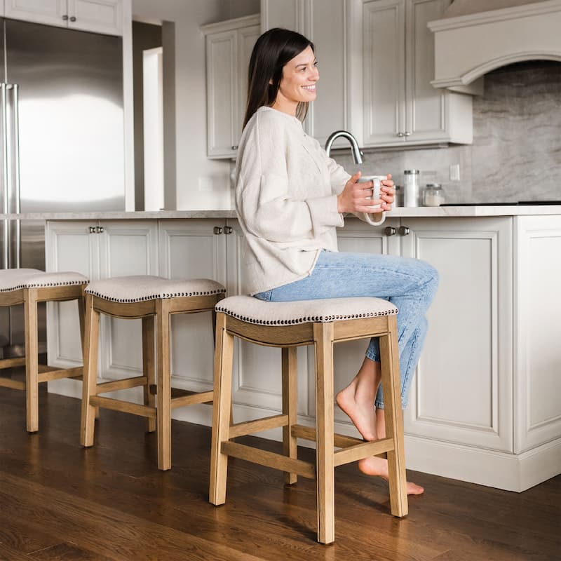 Maven Lane Adrien Backless Saddle Kitchen Counter Stool in Walnut Finish w/ Grey Fabric Upholstery